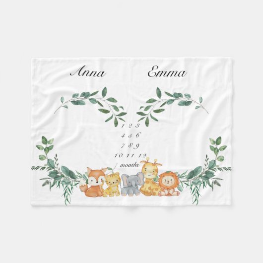 Twins Meilenstein Gender Neutral Baby Animals Baby Fleecedecke (Vorderseite (Horizontal))