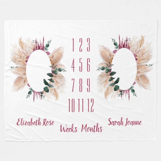 Twins Milestone Baby Blanket Pampas & Eucalyptus Fleecedecke (Vorderseite (Horizontal))