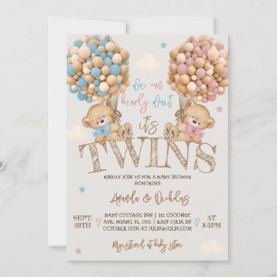 Twins Minimal Boho Bear Balloons Baby Shower Einladung