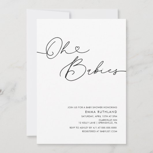 Twins Minimalistische handgeschriebene Herz-Baby-D Einladung (Vorderseite)