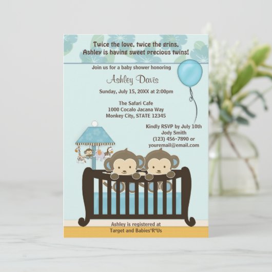 TWINS Monkey Baby Dusche Einladung BLAU CJ-B (Stehend Vorderseite)
