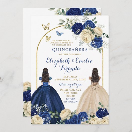 Twins Navy Blue Ivory Princesses Quinceañera Einladung (Vorne/Hinten)