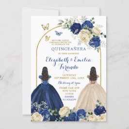 Twins Navy Blue Ivory Princesses Quinceañera Einladung