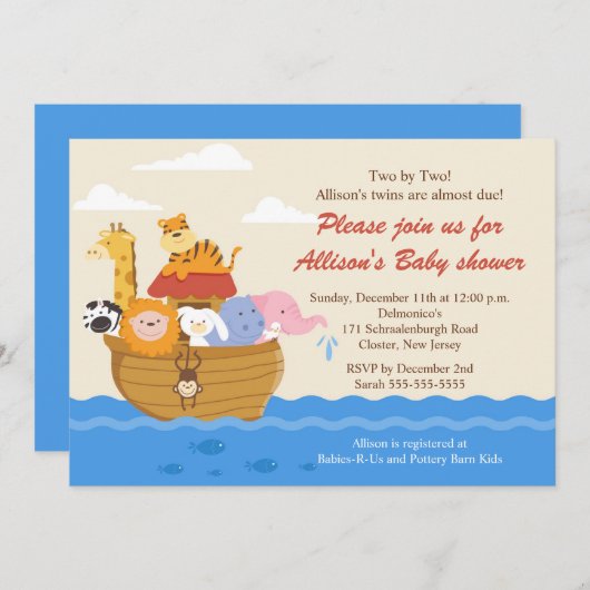 TWINS! Noah's Ark Boy oder Girl Baby Shower Einladung (Vorne/Hinten)