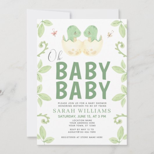 Twins Oh Baby Dinosaur Aquarelldusche Einladung (Vorderseite)