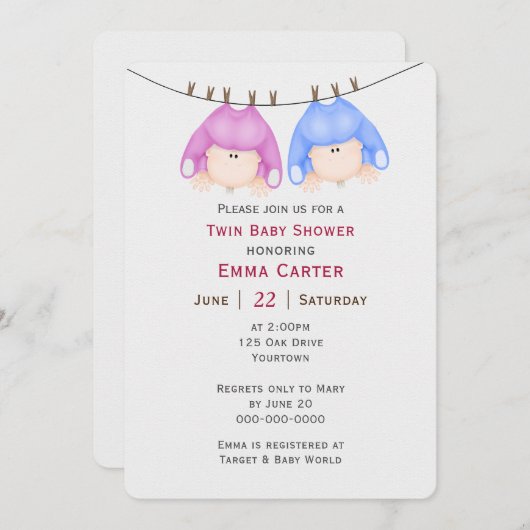 Twins on Clothesline Baby Shower Einladung (Vorne/Hinten)
