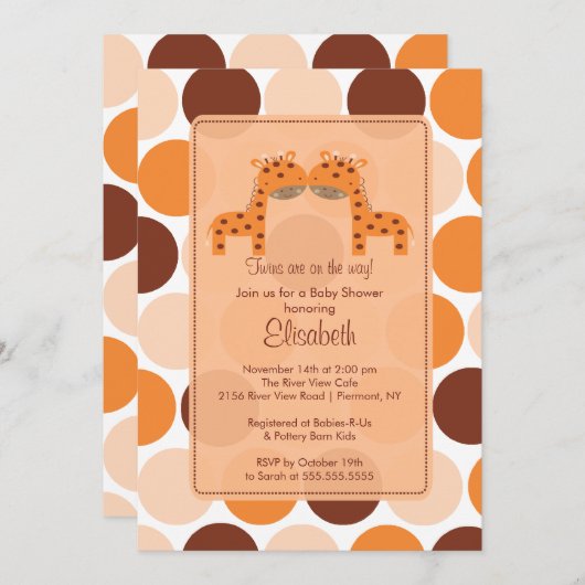 Twins Orange Giraffe Babydusche Einladung (Vorne/Hinten)
