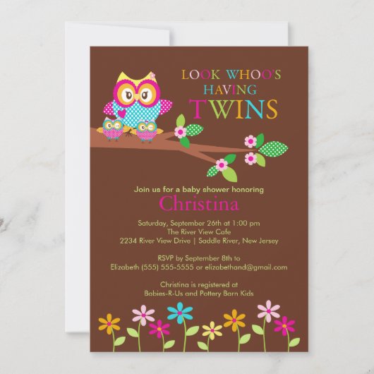 Twins Owl Baby Shower Einladungen (Vorderseite)