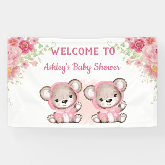 Twins Pink Bears Floral Custom Baby Dusche Banner (Horizontal)