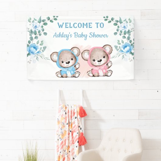 Twins Pink Blue Bear Floral Custom Baby Dusche Banner (Insitu)