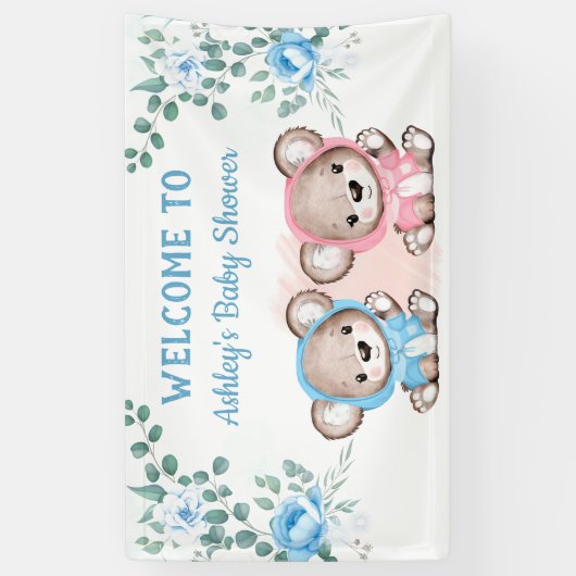 Twins Pink Blue Bear Floral Custom Baby Dusche Banner (Vertikal)
