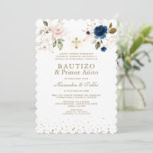 Twins Pink Blue Flowers Primer Añito Bautizo Einladung (Stehend Vorderseite)