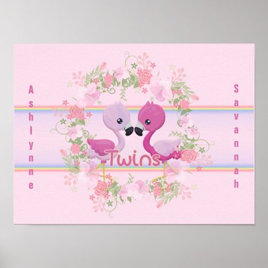 Twins Pink Flamingo Baby Shower Personalized Poster (Vorne)