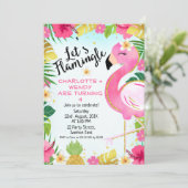 Twins Pink Let's Flamingle Flamingo Birthday Einladung (Stehend Vorderseite)