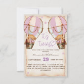 Twins Pink Teddy Bear Hot Air Ballon Babydusche Einladung (Vorderseite)