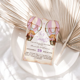 Twins Pink Teddy Bear Hot Air Ballon Babydusche Einladung