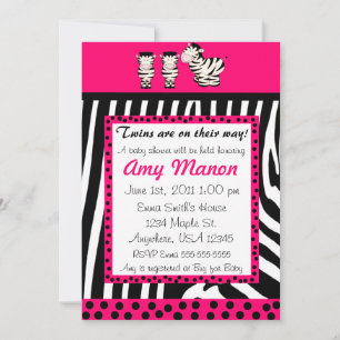 Twins Pink Zebra Print Personalized Baby Shower Einladung