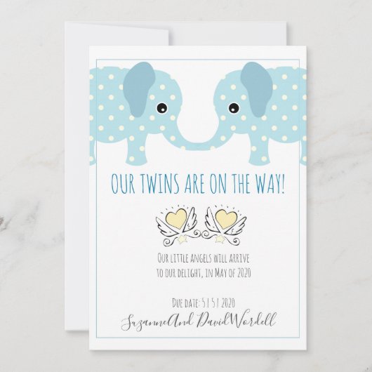 Twins Pregnancy Announcement Whimsical Elephants Ankündigung (Vorderseite)