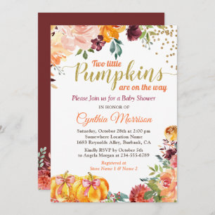 Twins Pumpkin Baby Dusche Burgundy Fall Floral Einladung