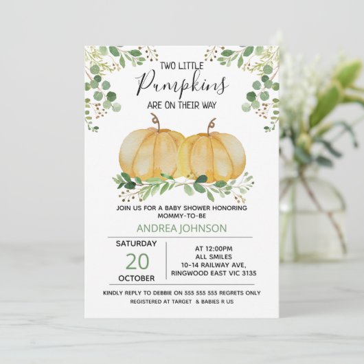 Twins Pumpkin Green Foliage Baby Shower Einladung (Stehend Vorderseite)