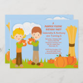 Twins Pumpkin Picking Geburtstagsparty Einladung (Vorne/Hinten)