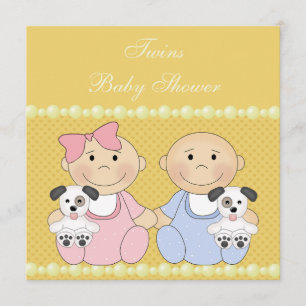 Twins & Puppies Yellow Baby Dusche Einladung