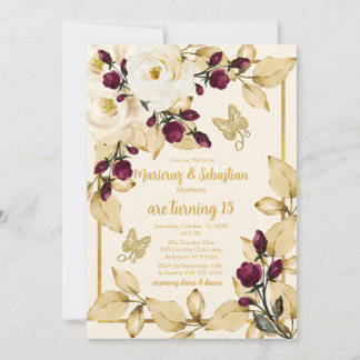 Twins Quinceañera Champagne Burgundy Gold Einladung