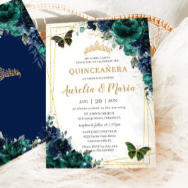 Twins Quinceañera Emerald Green Navy Blue Floral Einladung