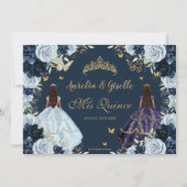 Twins Quinceañera Princesses Navy Baby Blue Floral Einladung (Rückseite)