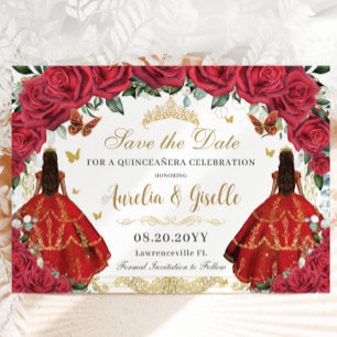 Twins Quinceañera Princesses Rote Rosen Floral Gol Save The Date