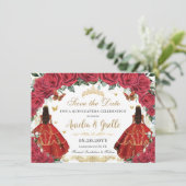 Twins Quinceañera Princesses Rote Rosen Floral Gol Save The Date (Stehend Vorderseite)