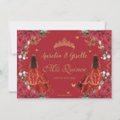 Twins Quinceañera Princesses Rote Rosen Floral Gol Save The Date (Rückseite)