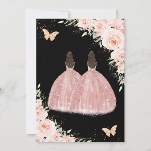 Twins Quinceañera Soft Blush Rose Blume Einladung (Rückseite)