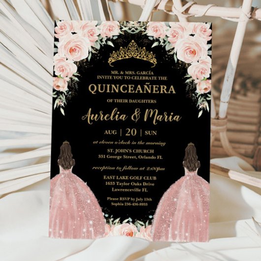 Twins Quinceañera Soft Blush Rose Blume Einladung
