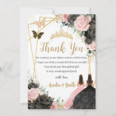 Twins Quinceañera Sweet 16 Black Pink Floral Dankeskarte (Vorderseite)