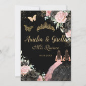 Twins Quinceañera Sweet 16 Black Pink Floral Dankeskarte (Rückseite)