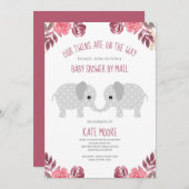 Twins Red Floral Elephant Babydusche per Mail Einladung (Vorne/Hinten)