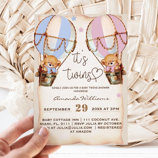 Twins Rustikale Bärenjunge & Girl Pink Blue Baby D Einladung