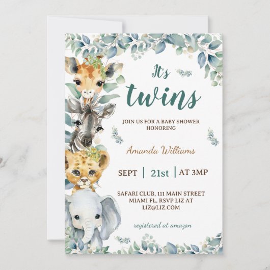 Twins Safari Animals Boho Baby Shower Einladung (Vorderseite)