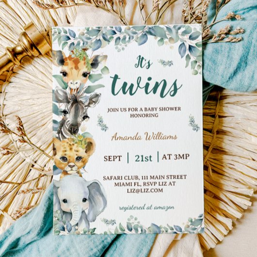 Twins Safari Animals Boho Baby Shower Einladung