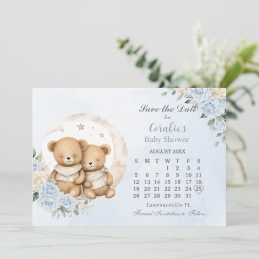 Twins Schlafbären Moon Blue Floral Baby Dusche Save The Date (Stehend Vorderseite)