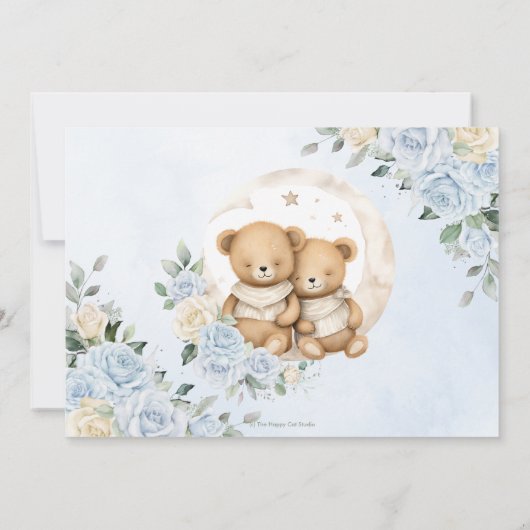 Twins Schlafbären Moon Blue Floral Baby Dusche Save The Date (Rückseite)