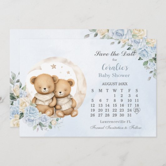 Twins Schlafbären Moon Blue Floral Baby Dusche Save The Date (Vorne/Hinten)