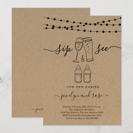 Twins Sip & See Bubbles & Brews Einladung (Vorne/Hinten)