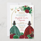 Twins Sisters Hunter Green Rote Rose Quinceañera Einladung (Vorderseite)