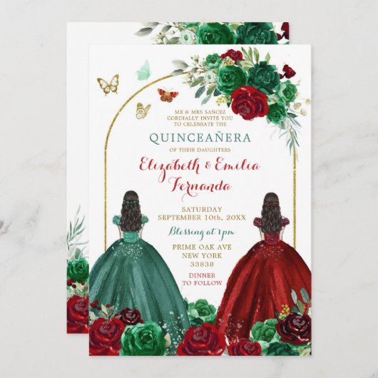 Twins Sisters Hunter Green Rote Rose Quinceañera Einladung (Vorne/Hinten)
