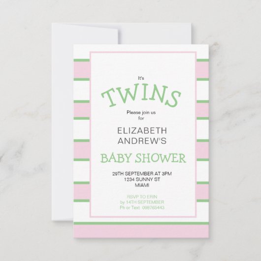 Twins Striped Pink Green Baby Dusche Einladung (Vorderseite)