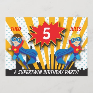 Twins Superheld zum Geburtstag| Boys Brown/Blonde Einladung