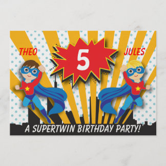 Twins Superheld zum Geburtstag| Boys Brown/Blonde Einladung