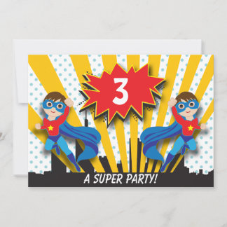Twins Superheld zum Geburtstag| Boys Brown Hair Einladung